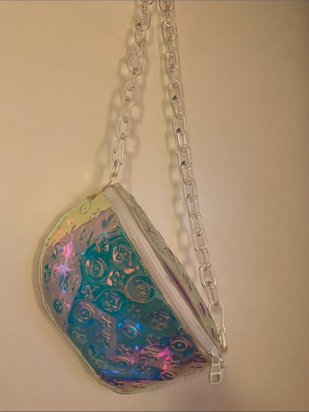 Iridescent Holographic Waist Bag with Removable Clear Chain - Women Bags